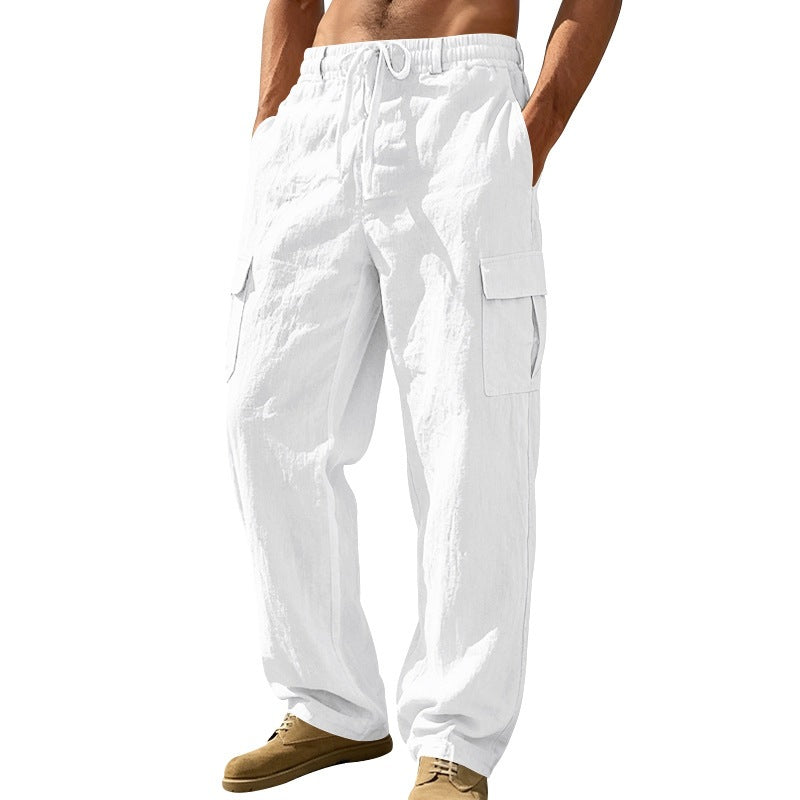 Herren nan entspannt geschnittene Strand-Cargohose aus Leinenblend mit elastischem Tunnelzug und zweifacher Klapptasche EB
