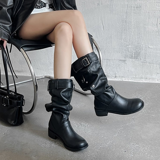 Damen modische Stiefel mit verstellbarem Gummibund und komfortablem Blockabsatz EB