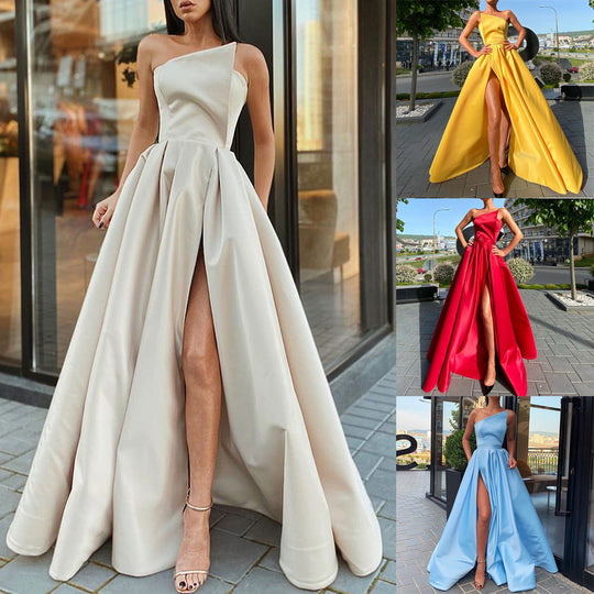 Damen Extravagantes Abendkleid mit asymmetrischem Oberteil und hohem Schlitz EB