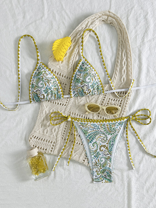 Damen Triangel-Bikini mit modischem Paisleymuster und eleganter Häkeloptik EB