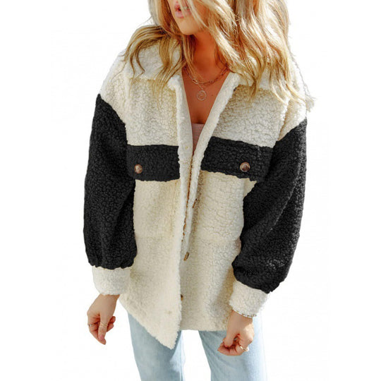 Damen Kuschelige Teddyjacke mit Kontrast-Ärmeln EB