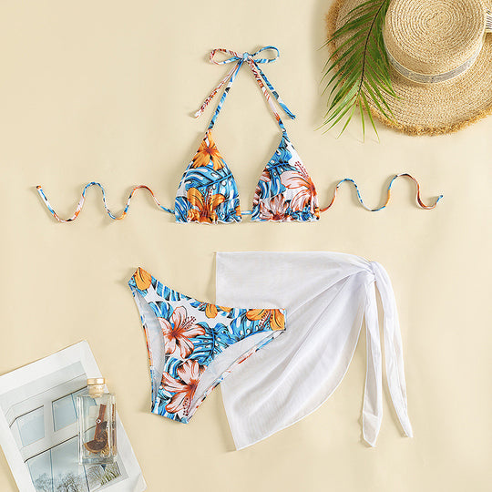 Damen Triangel-Bikini-Set mit floralem Muster und lässigem Tuch EB
