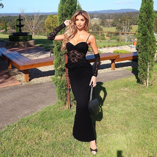 Damen Elegantes Spitzen-Cocktailkleid mit tailliertem Schnitt und langen Ärmeln EB