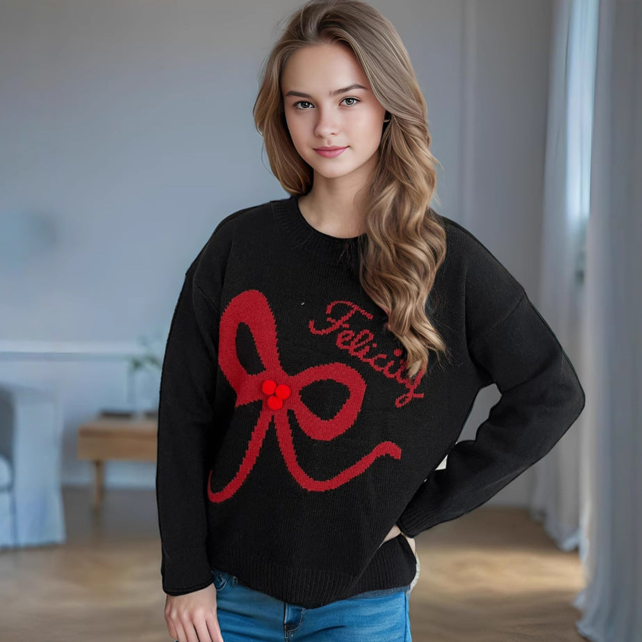 Damen kuscheliger Pullover mit verspielt gestalteter Schleifenapplikation EB