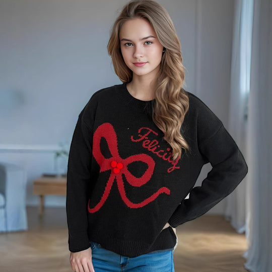Damen kuscheliger Pullover mit verspielt gestalteter Schleifenapplikation EB