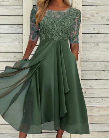 Damen Elegantes Midikleid mit Spitzenärmeln und schwingendem Rock EB