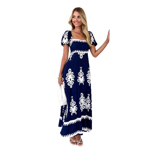 Damen Maxikleid mit elegantem quadratischen Ausschnitt und verspielten Puffärmeln EB