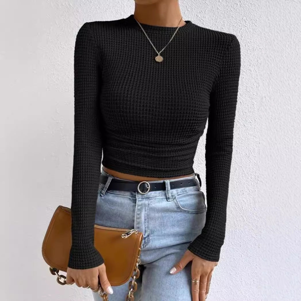 EB | Langarm T Shirt Slim Passform Weicher Strukturstrick Rüschentasche Kurzes Modell