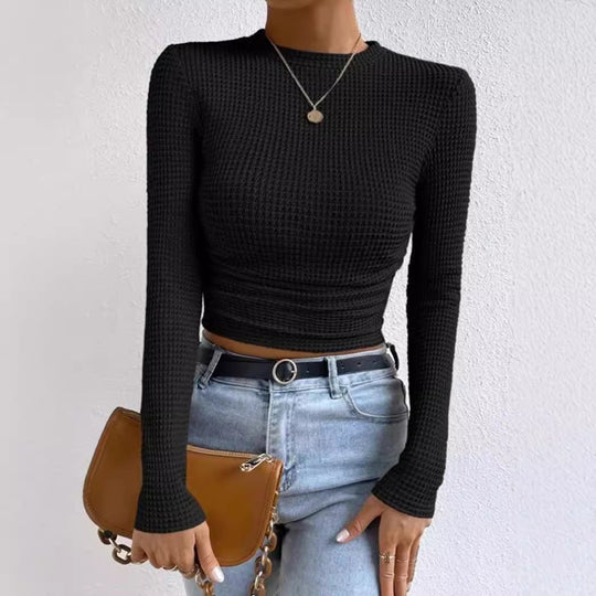 EB | Langarm T Shirt Slim Passform Weicher Strukturstrick Rüschentasche Kurzes Modell