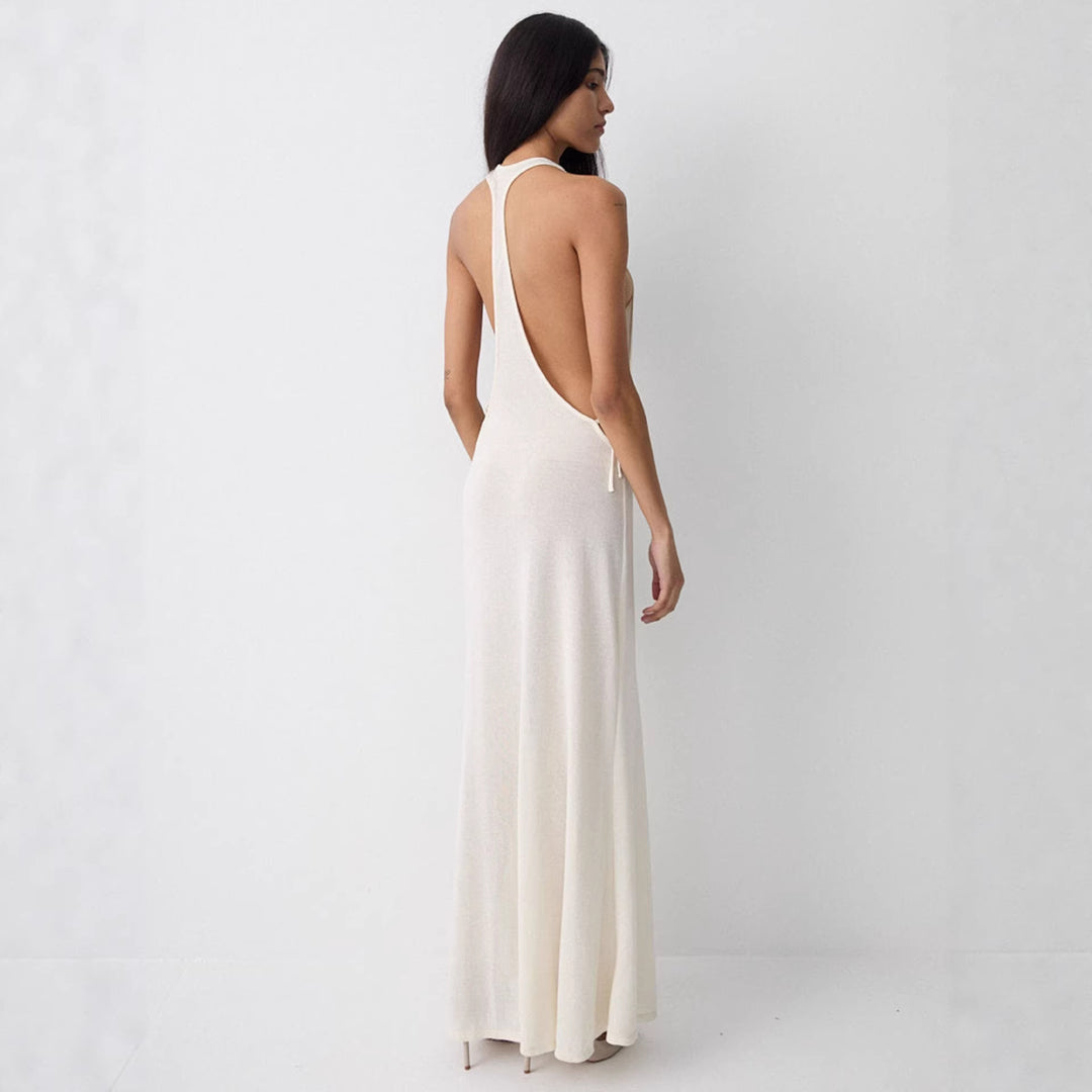 Damen Lange Seidenkleid mit kreativem Ausschnitt und eleganten Schleifendetails EB