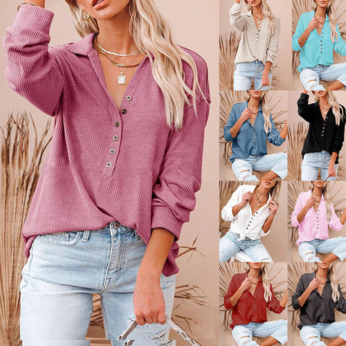 Damen nan lässiges Waffel-Polohemd mit Henley-Knopfleiste und überschnittener Schulter EB