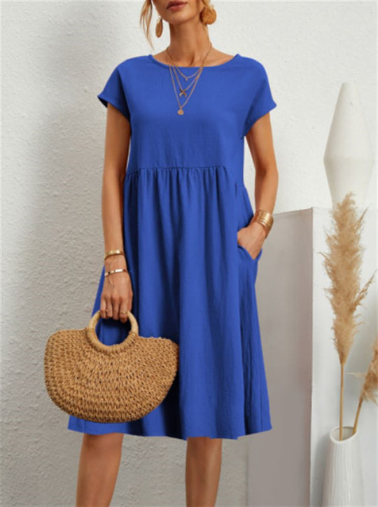 Damen Freizeitleinenkleid mit leichtem Schnitt und Taschen EB