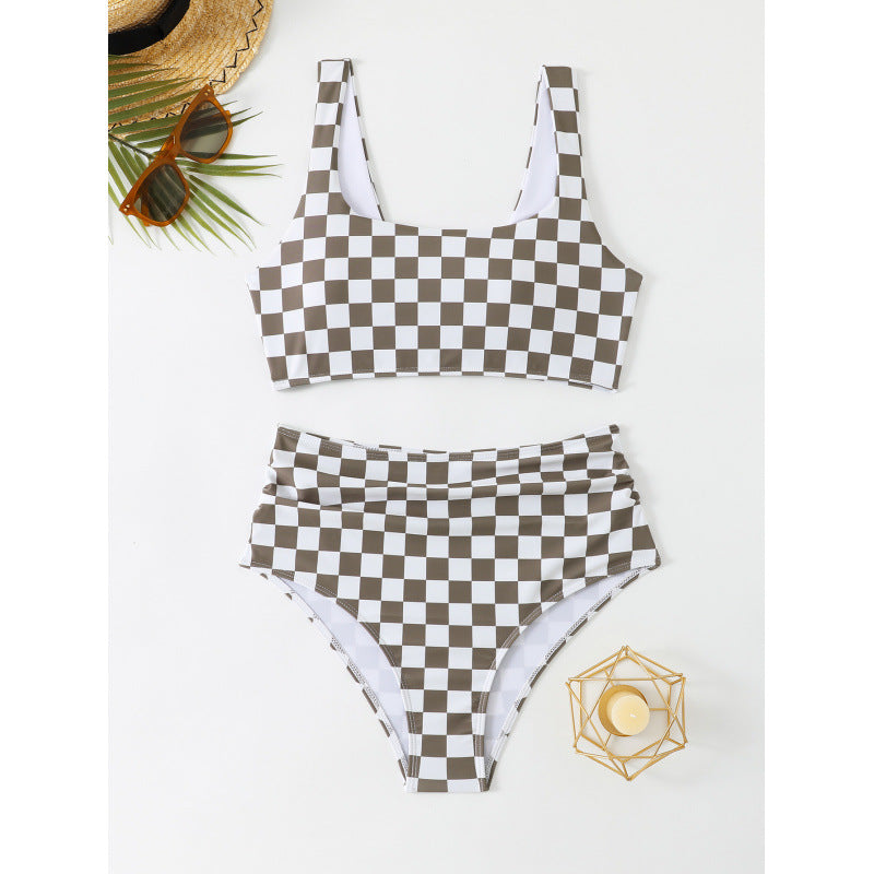 Damen Bikini-Set mit modischem Karomuster und hohem Taillenschnitt EB