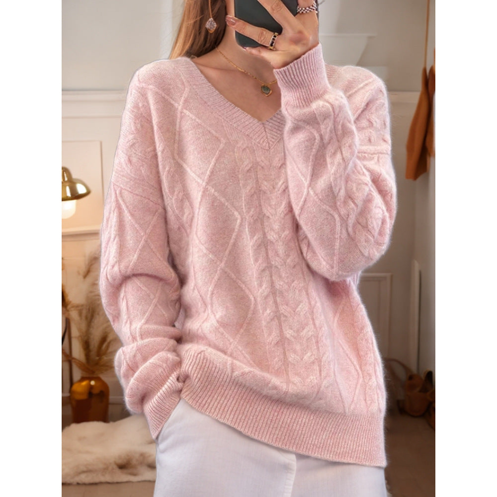 Damen nan kuscheliger V-Ausschnitt Zopfmuster-Pullover mit Oversize-Schnitt und Rippabschlüssen EB