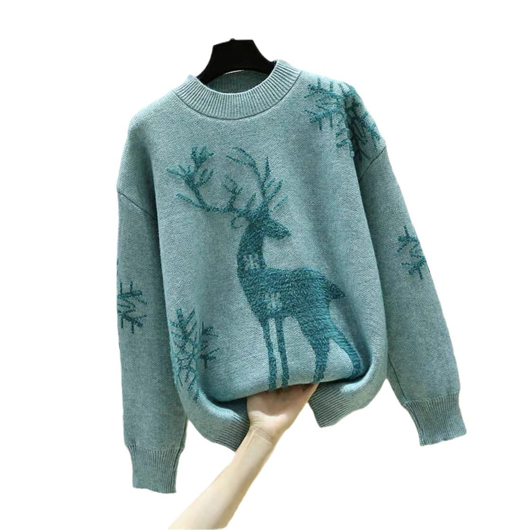 Damen Gemusterter Strickpullover mit Rentier-Jacquard, Rundhalsausschnitt und geripptem Saum EB