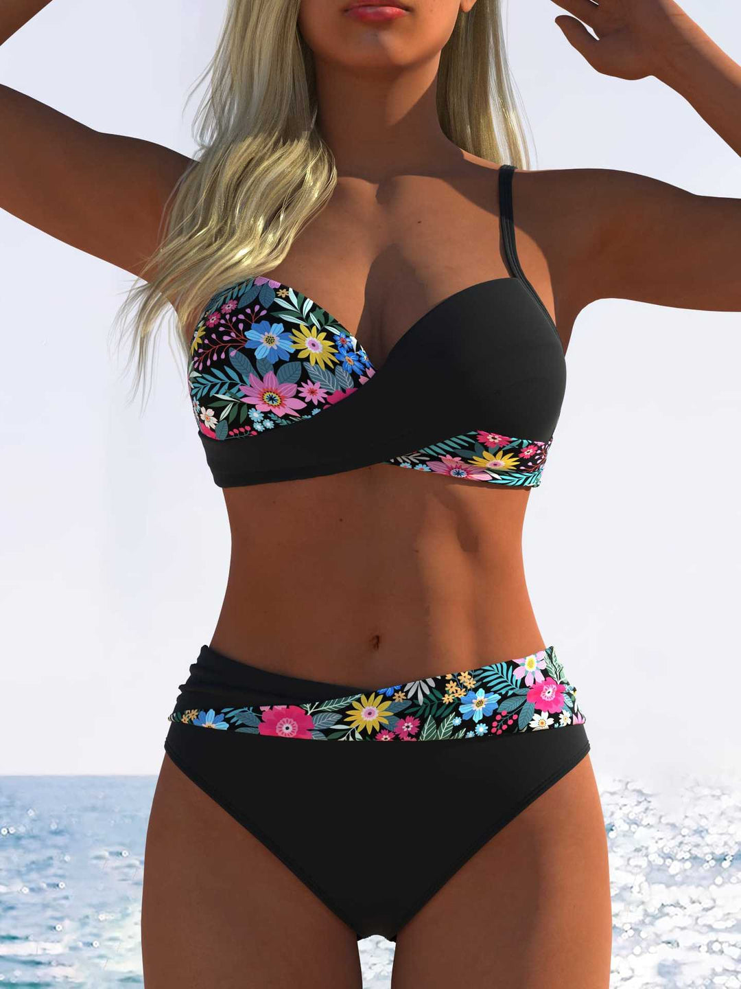 Damen Bikini-Set mit floralem Wickelmuster und bequemen High-Waist-Höschen EB