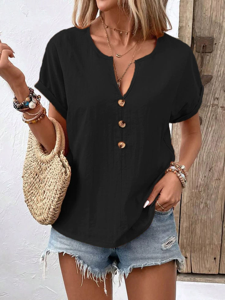Damen Kurzarm Bluse mit Knopfleiste und lässigem Schnitt EB