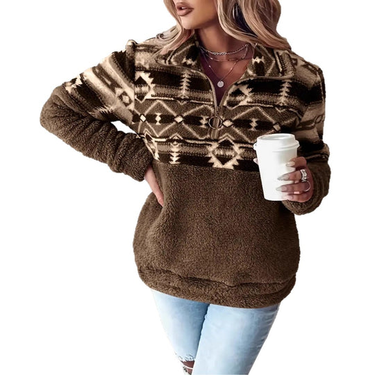 Damen Fleece-Pullover mit modernem Aztekenmuster und Stehkragen EB