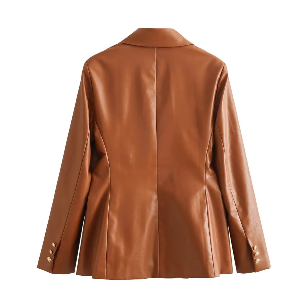 Damen elegante Kunstleder-Blazerjacke mit doppelter Knopfleiste und goldenen Akzenten EB
