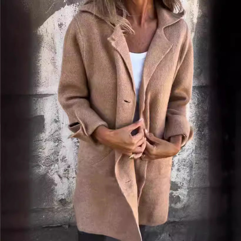 Damen nan Oversize Wollmix-Mantel mit Reverskragen aufgesetzten Taschen geknöpfter Front und umgeschlagenen Ärmeln EB