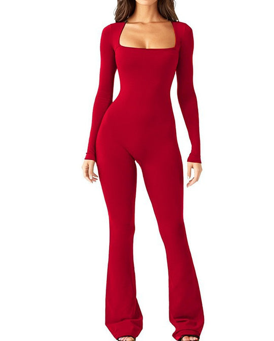 Damen nan figurbetonter Langarm-Jumpsuit mit quadratischem Ausschnitt und ausgestellter Schlaghose EB