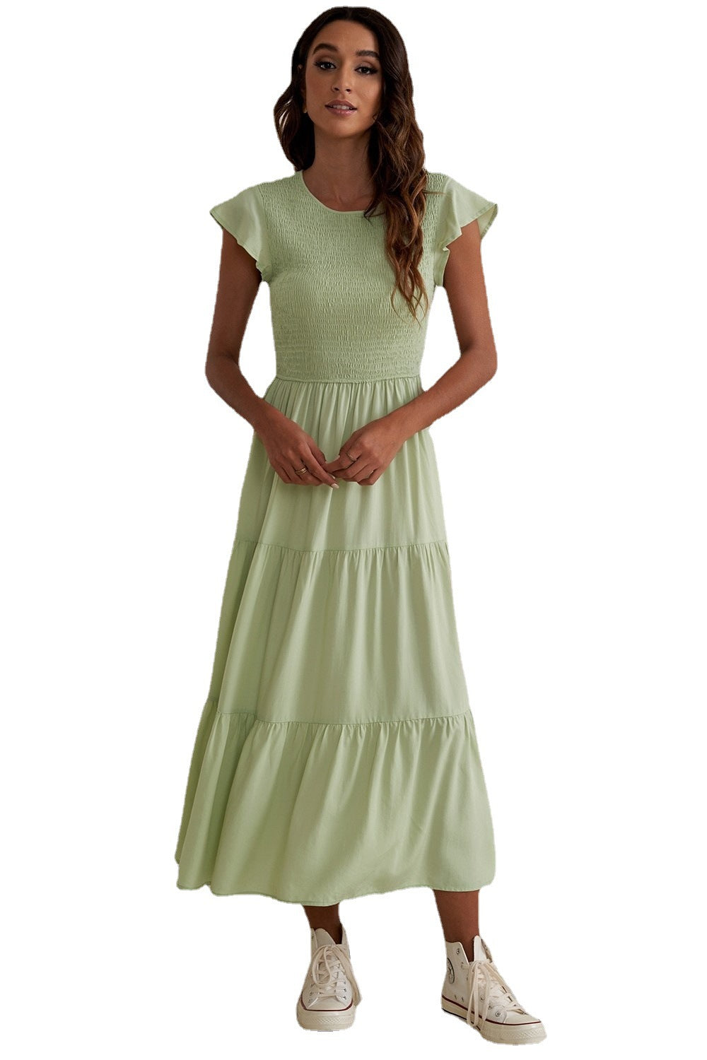 Damen Maxikleid mit voluminösen Rüschen und elastischem Rücken EB