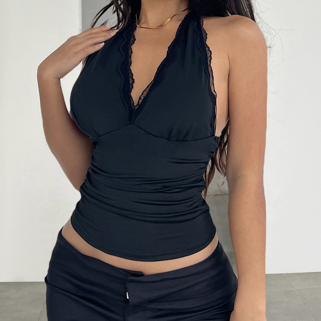 Damen Elegantes Haltertop mit aufregendem V-Ausschnitt und modischen Spitzenakzenten EB