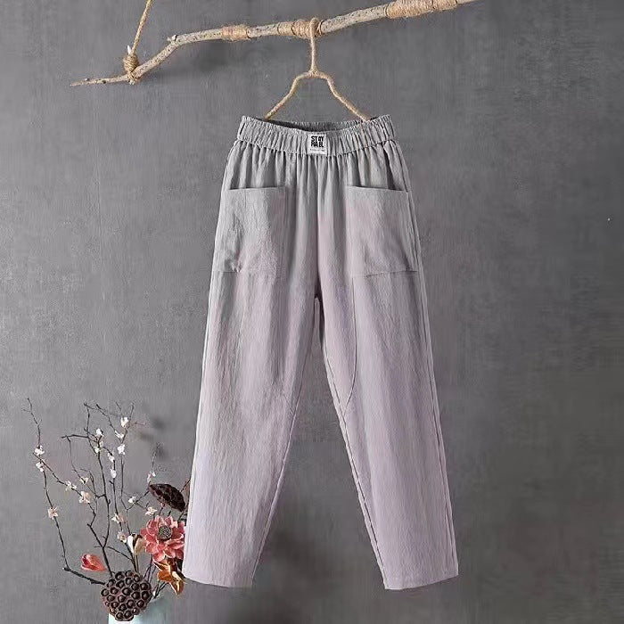 Damen nan lässige Leinenmix-Hose mit elastischem Bund, geradem Bein und großen aufgesetzten Taschen EB