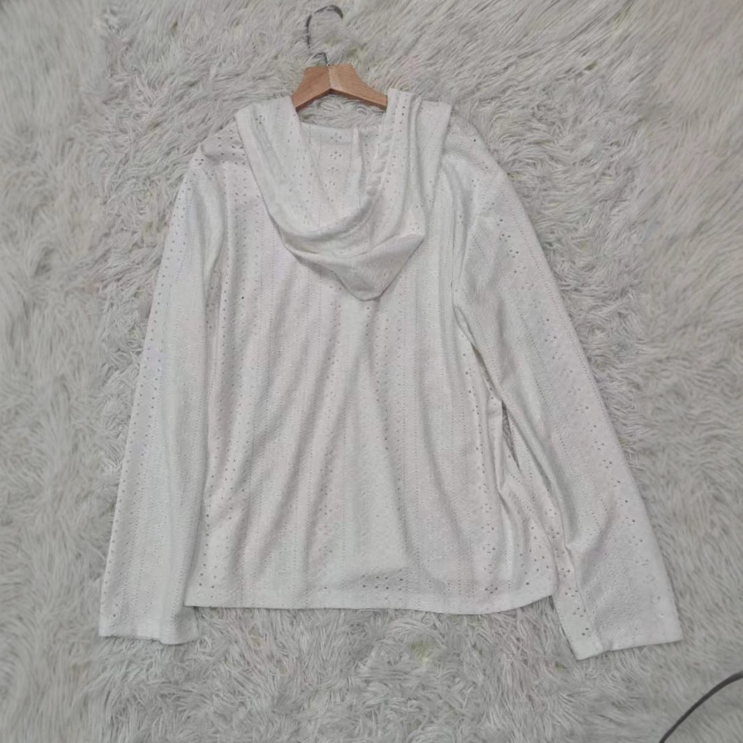 Damen lässiges Hoodie-Oberteil mit Knopfleiste und modernem Lochmuster EB