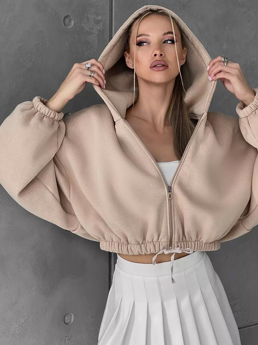 Damen nan kurzes Oversize-Kapuzensweatshirt mit Halbzip und Kordelzugbund EB