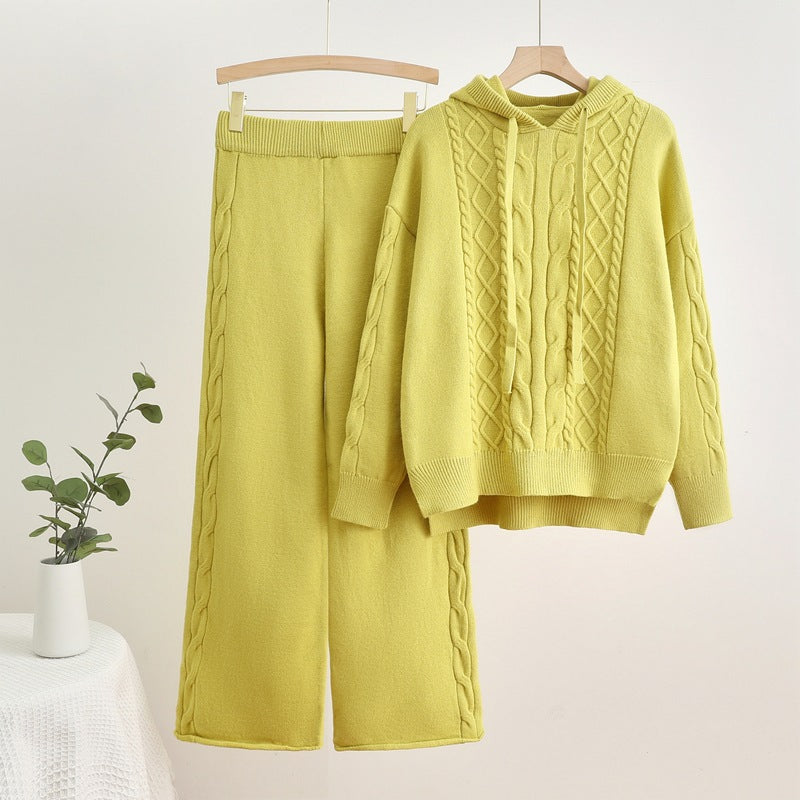 Damen lässiges Strick-Loungewear-Set mit Kapuze und breiten Beinen EB