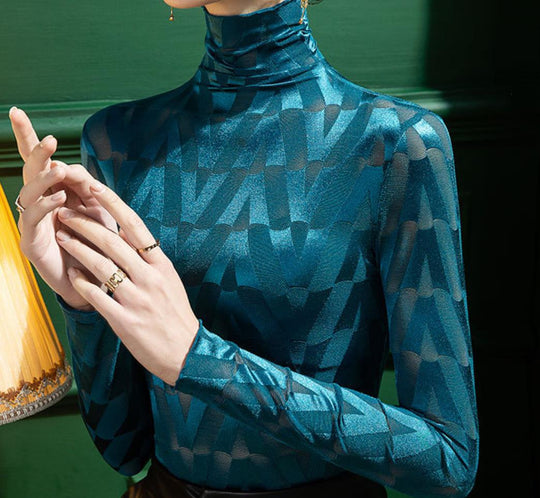 Damen Elegantes Rollkragenoberteil mit geometrischem Muster und transparenten Akzenten EB