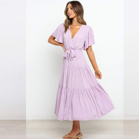 Damen Maxikleid mit tiefem V-Ausschnitt und schwingenden Ärmeln EB