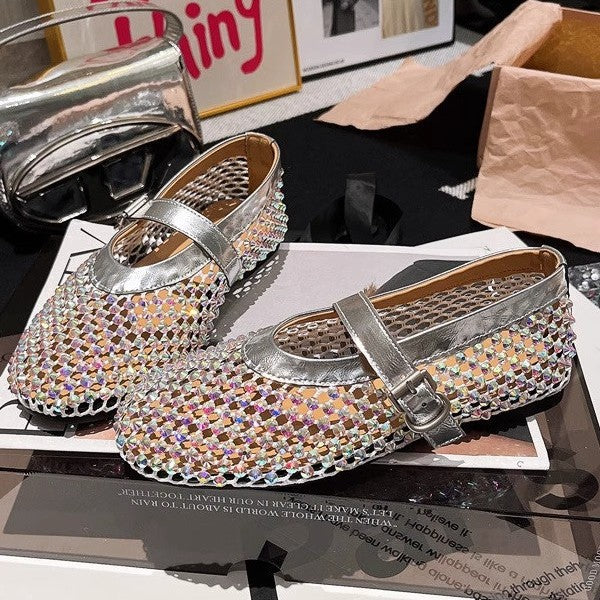 Damen Ballerinas mit elegantem Strassbesatz und verstellbarem Riemchen EB