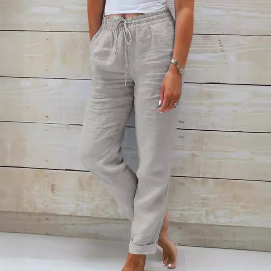 Damen nan lässige Leinenhose mit elastischem Bund und Kordelzug EB