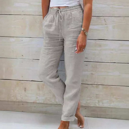 Damen nan lässige Leinenhose mit elastischem Bund und Kordelzug EB