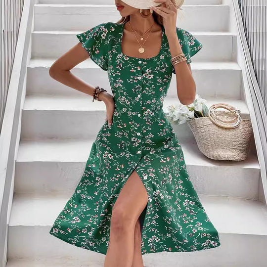 Damen Midi Kleid mit floralen Mustern und Knopfleiste EB