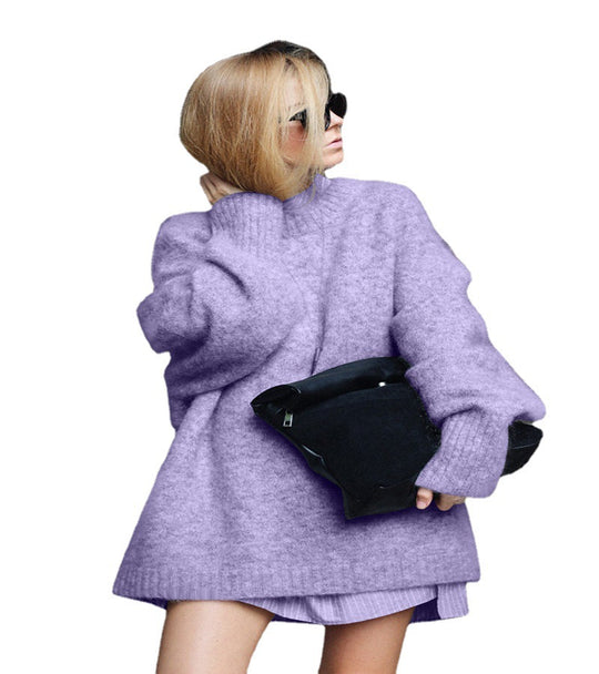 Damen Oversized Strickpullover mit hohem Kragen und weichen Ärmeln EB