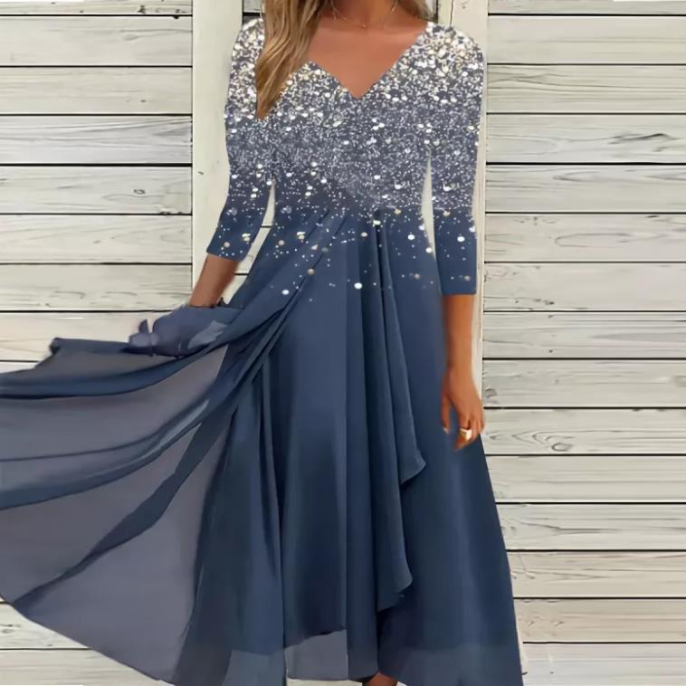 Damen Maxikleid mit funkelndem V-Ausschnitt und schwingendem Saum EB