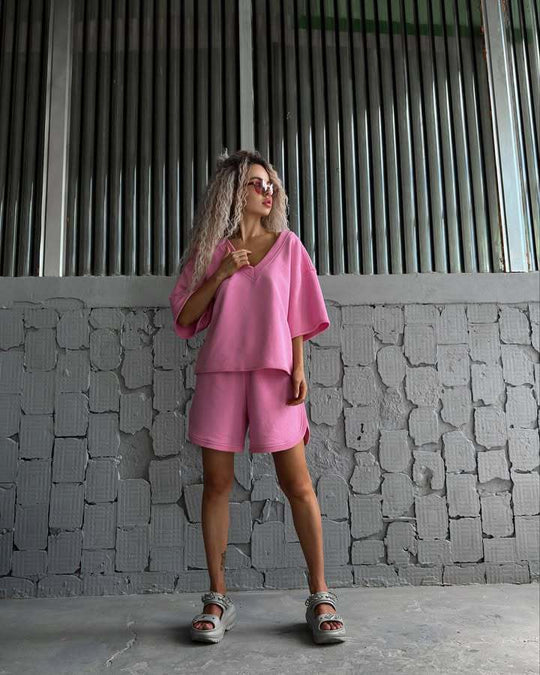 Damen lässiges Oberteil und Shorts-Set mit V-Ausschnitt und weitem Schnitt EB