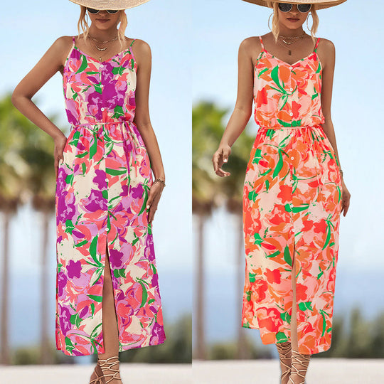 Damen Maxikleid mit floralem Design und elastischem Taillenbund EB