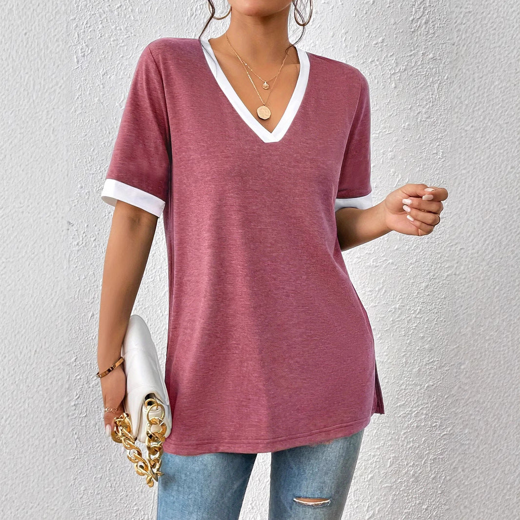 Damen V-Ausschnitt T-Shirt mit modischen Akzenten und bequemen Schnitt EB
