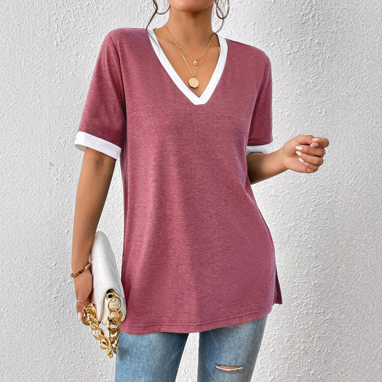 Damen V-Ausschnitt T-Shirt mit modischen Akzenten und bequemen Schnitt EB