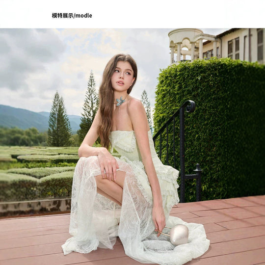 Damen Elegantes und luftiges Abendkleid mit Rüschendetails und transparentem Rock EB