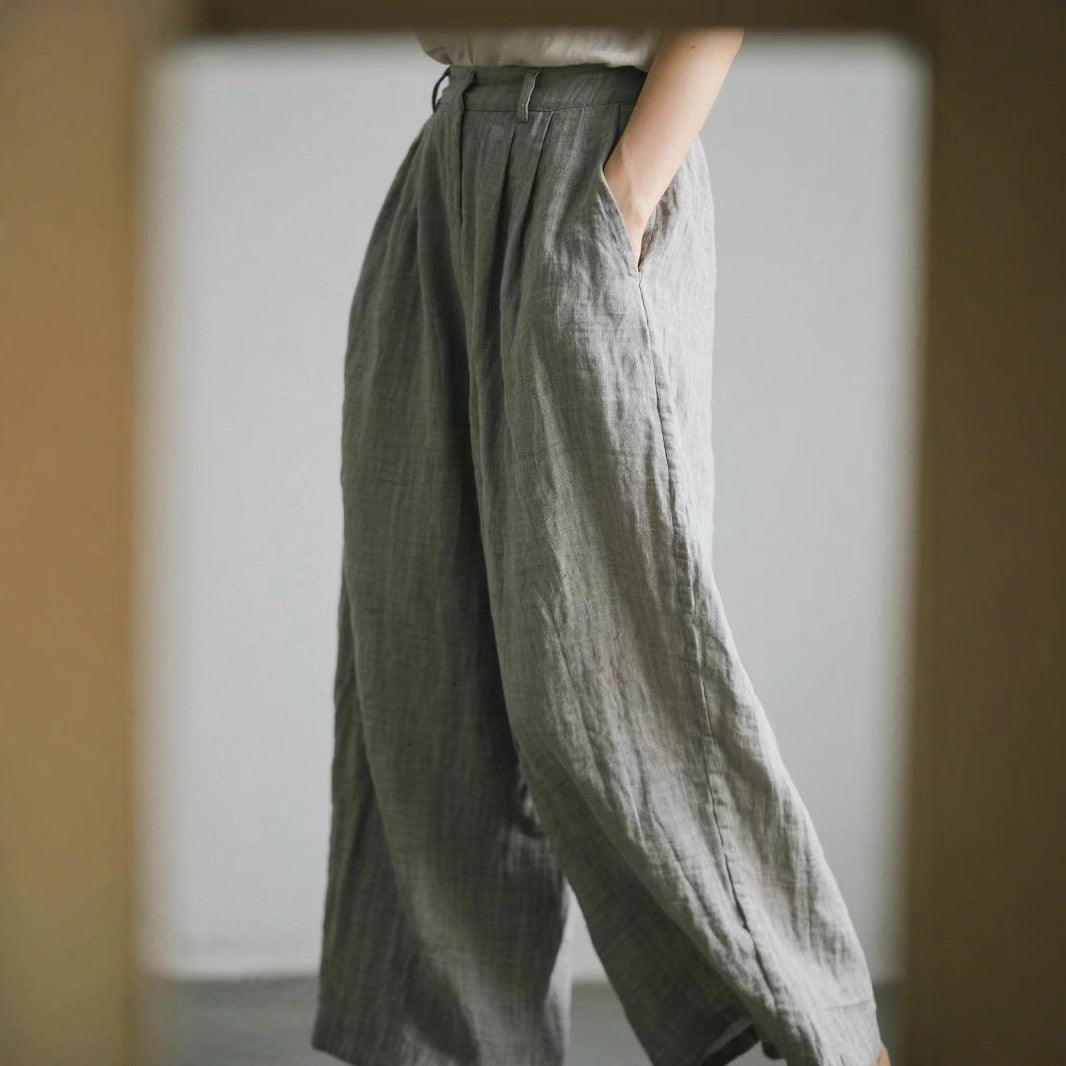 Damen weite Leinenhose mit eleganter Bundfalte und Taschen EB