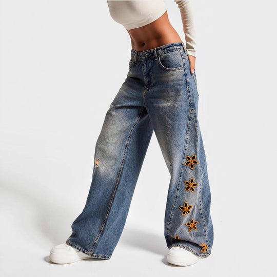 Damen weite Jeans mit floralem Stickdesign EB