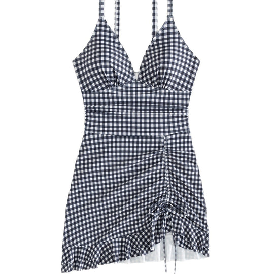 Damen Strandkleid mit modischen Raffungselementen und femininem V-Ausschnitt EB