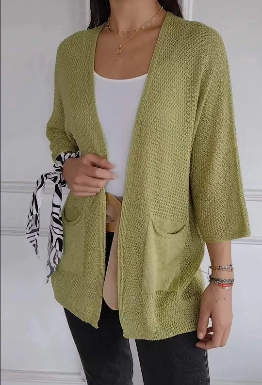 Damen lässige Strickjacke mit offener Vorderseite und praktischen Taschen EB