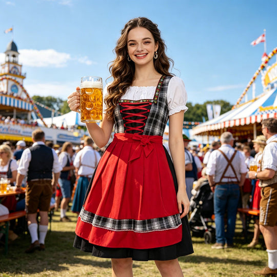 Damen nan traditionelles Trachten-Dirndl mit Schnürleiste, A-Linie Rock und Schleifen-Schürze EB