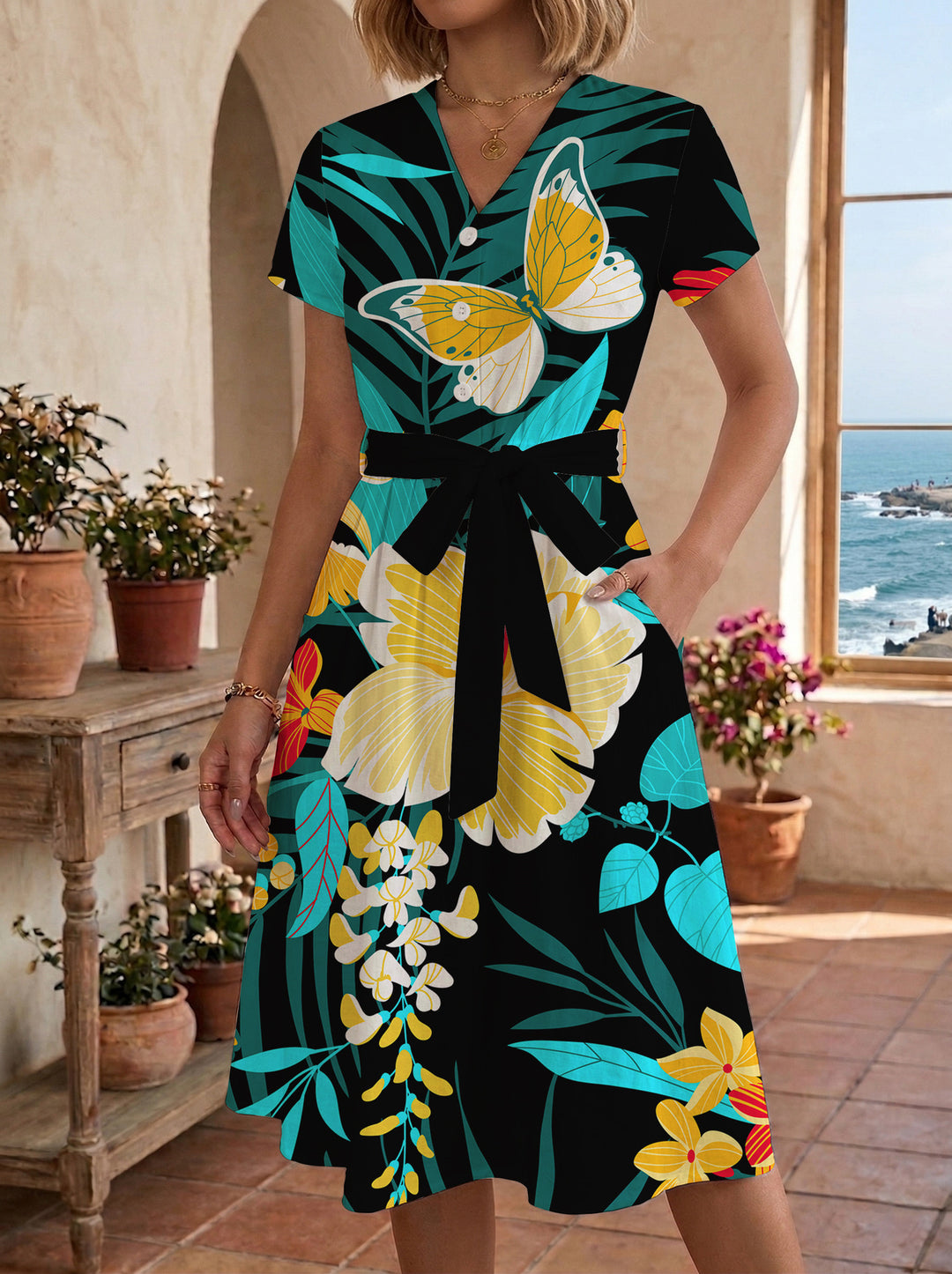 Damen Midikleid mit floralem Motiv und Taillengürtel EB
